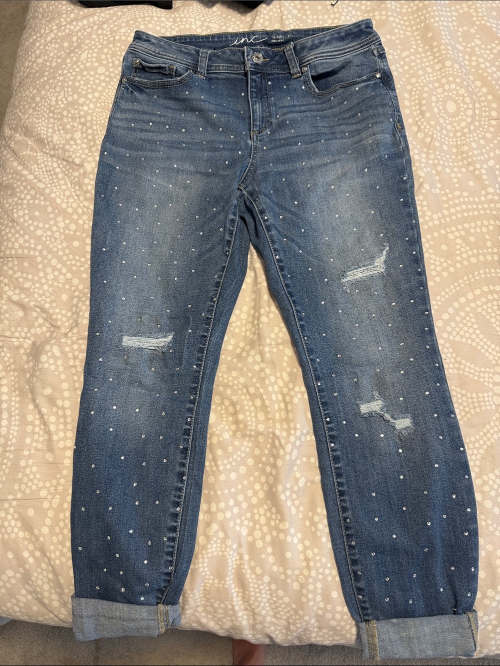 INC International Concepts Mid Blue Distressed Rhinestone Boyfriend Jeans